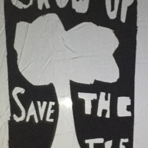 Grow Up Save The Tree, The words "grow up save the tree" surround a deciduous tree. White words in black paper.