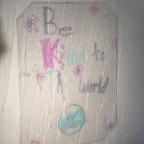 Be Kind To The World, Make Earth Cool is written on clear plastic in marker. Most of the words are in black marker, but the words "kind" and "the" are in turquoise, and the "k" in "kind" is dark pink. Pink flowers pop out all around the plastic sheet and at the bottom is a smiling turquoise, black and pink Earth. 